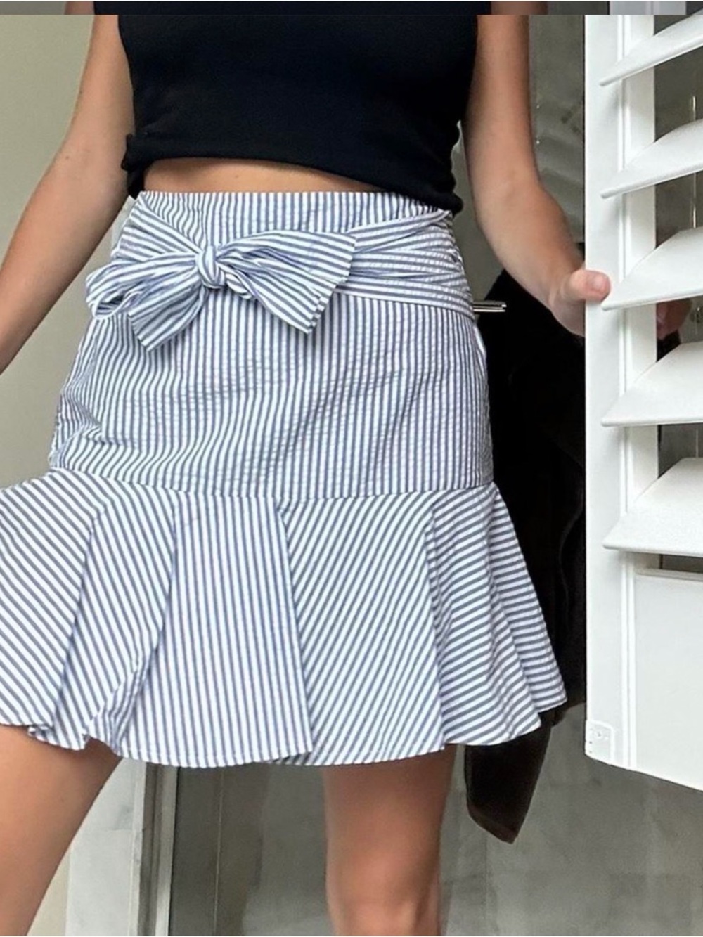 Club Monaco Blue and White Striped Tie-Waist Ruffle Mini Skirt